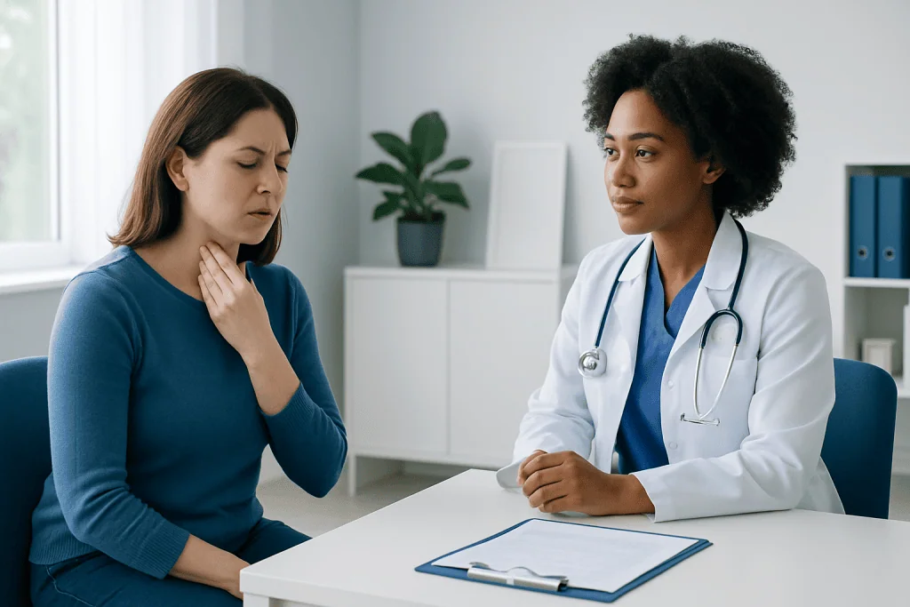 Woman with sore throat consulting a doctor about nightshade allergy.