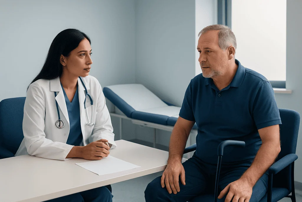 Doctor consulting with a male patient in a medical office setting.