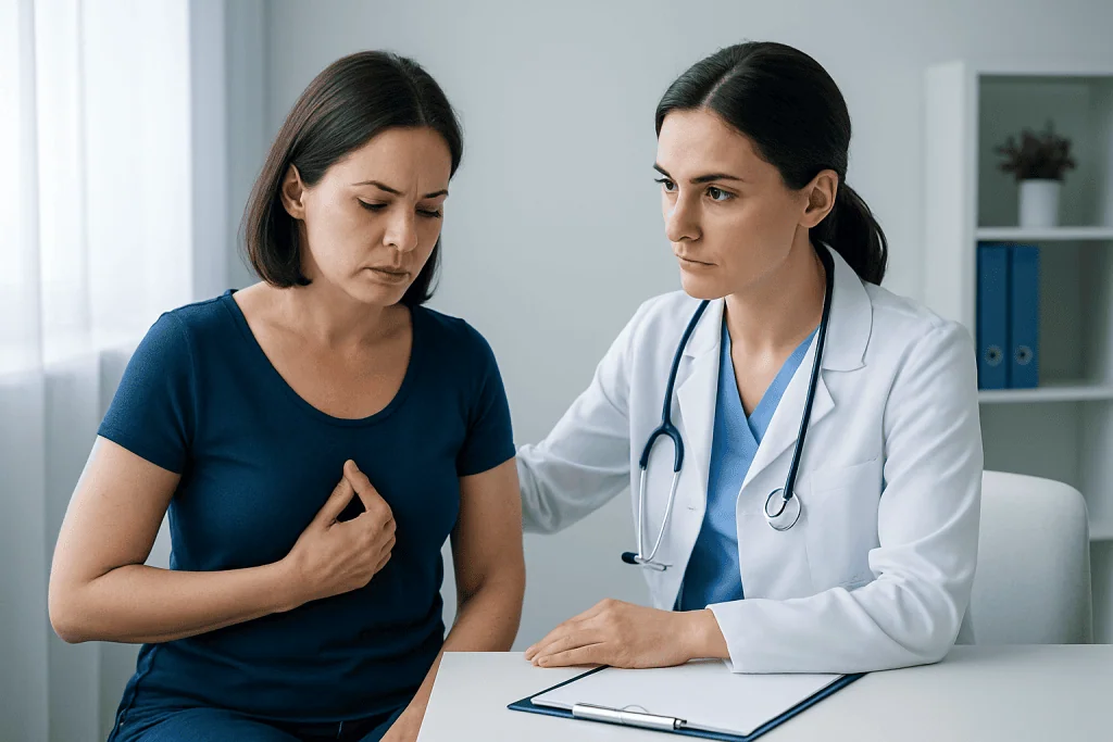 Doctor consulting with a woman patient about breast health.