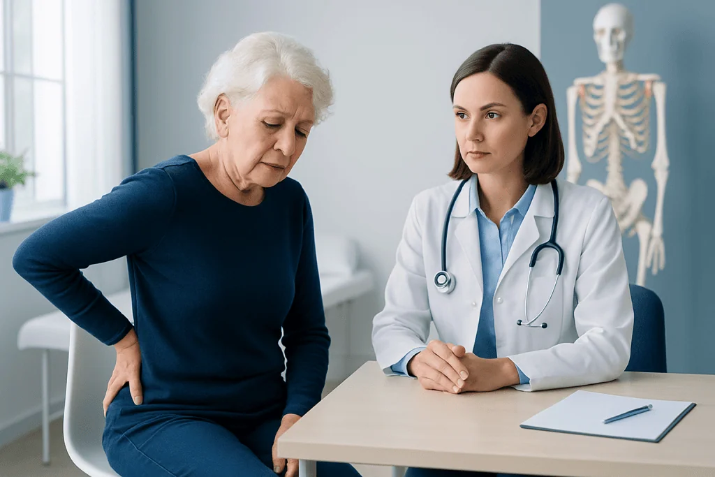 Doctor consulting with elderly woman about bone health in clinic.