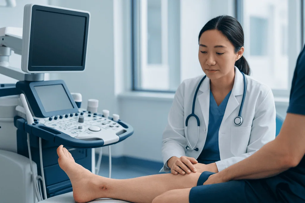 Doctor examining patient's ankle in a medical clinic setting.
