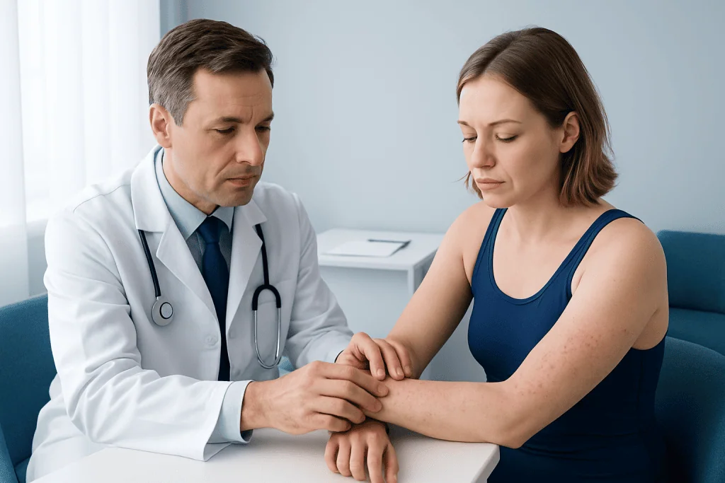 Doctor examining a woman's arm in a medical consultation room.