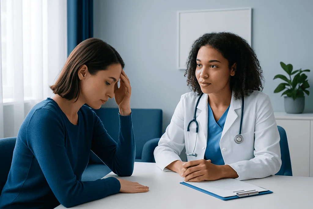 Doctor consulting with a patient about blood protein levels in a clinical setting.