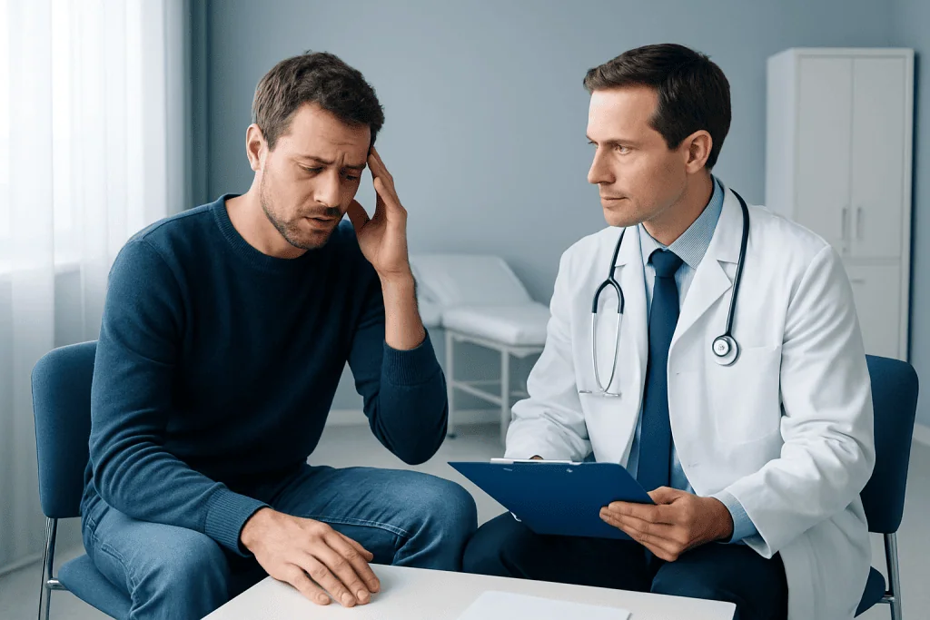 Patient consulting with doctor about sleep issues in a clinic setting.