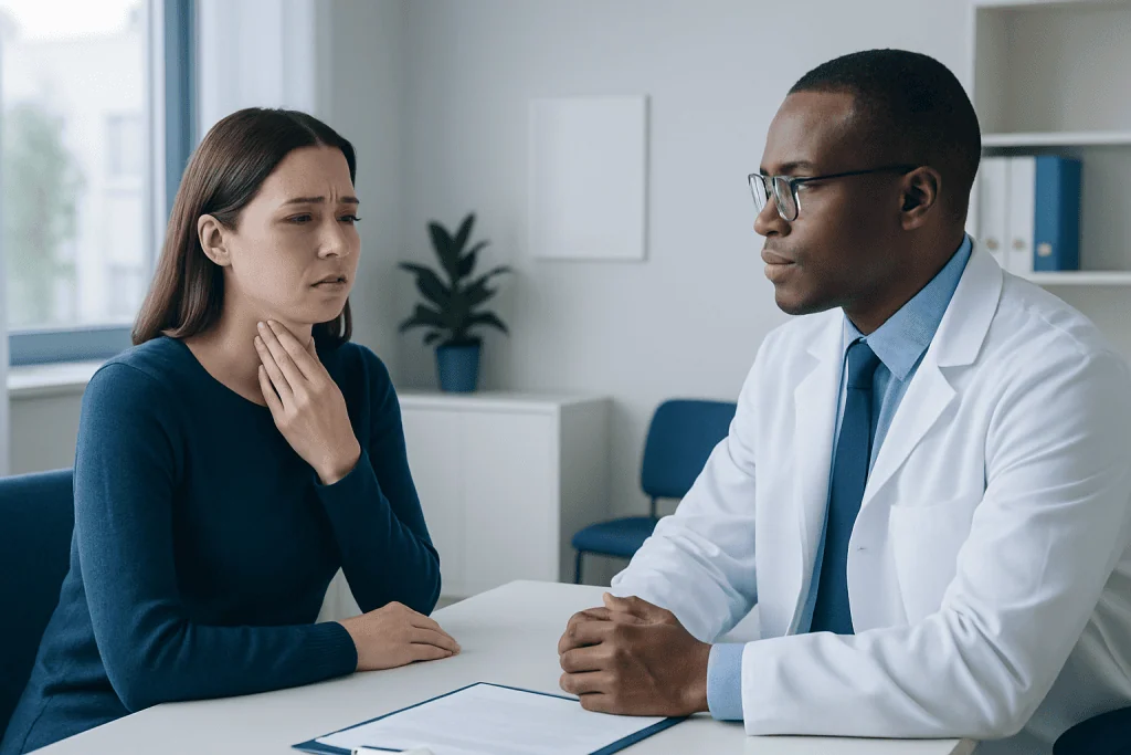 Doctor consulting a patient about throat issues in a clinic setting.
