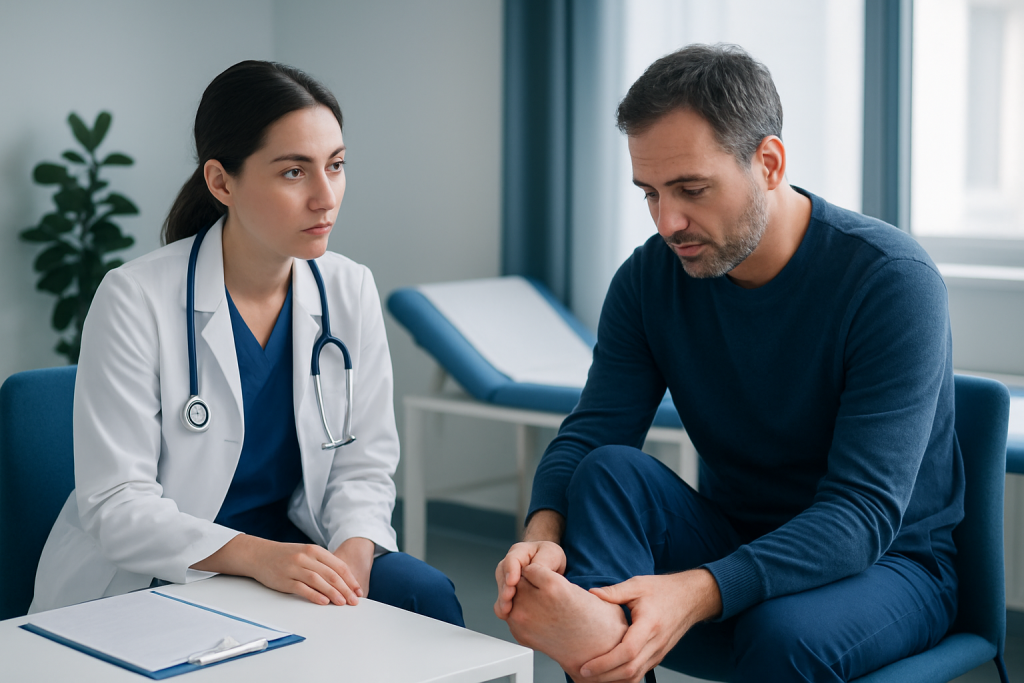 Doctor consulting with patient about foot health in a clinic setting.