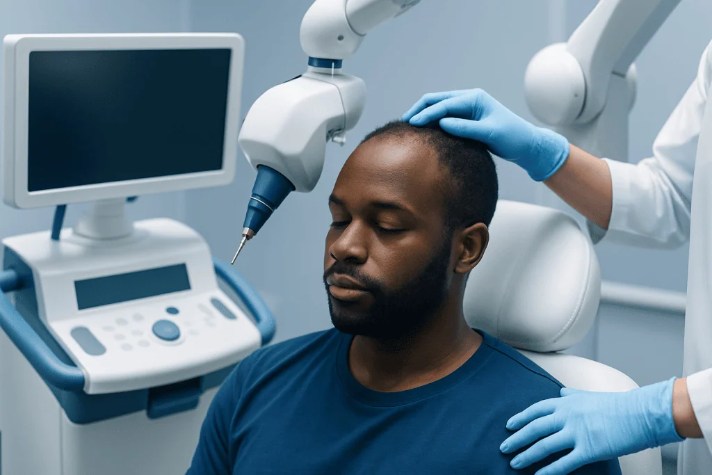 Medical procedure for hair restoration in a clinical setting.