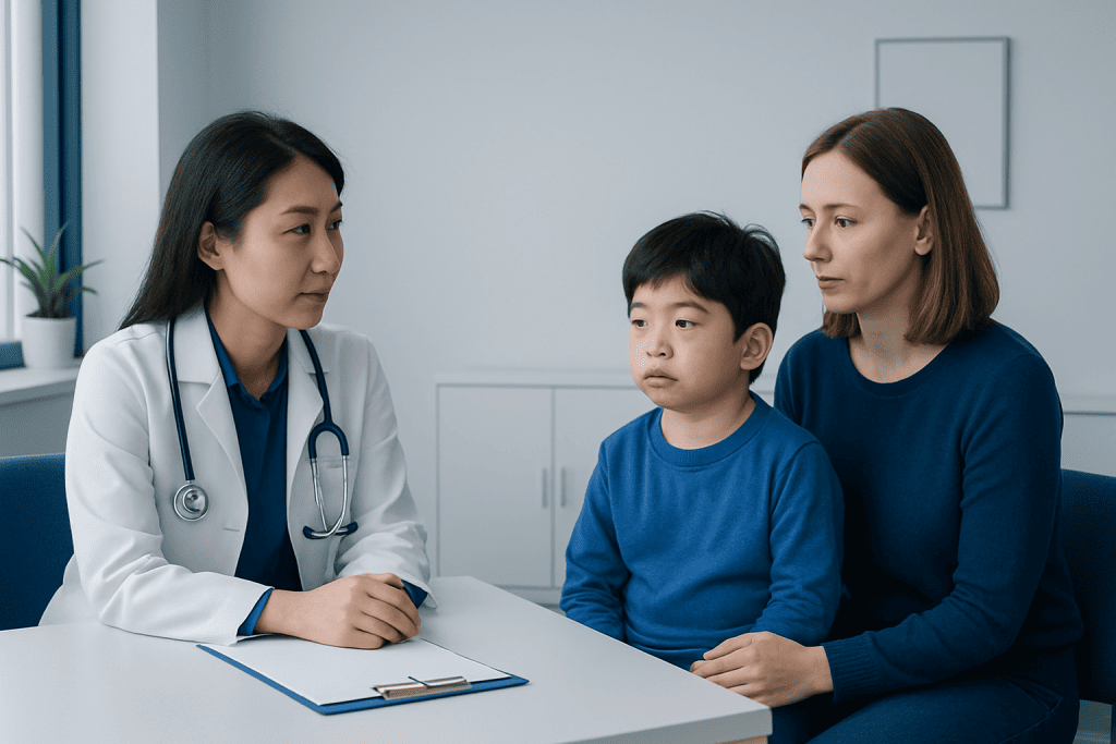 Doctor consulting with a young patient and parent in a medical office.
