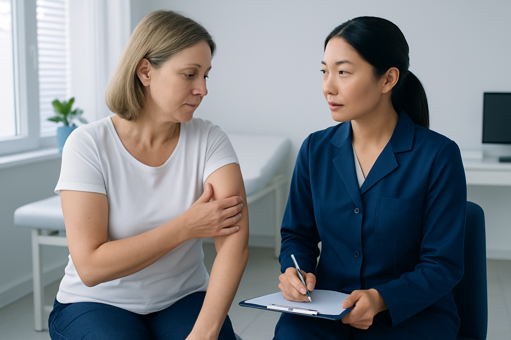 Doctor consulting with a patient about a skin lump or lipoma.