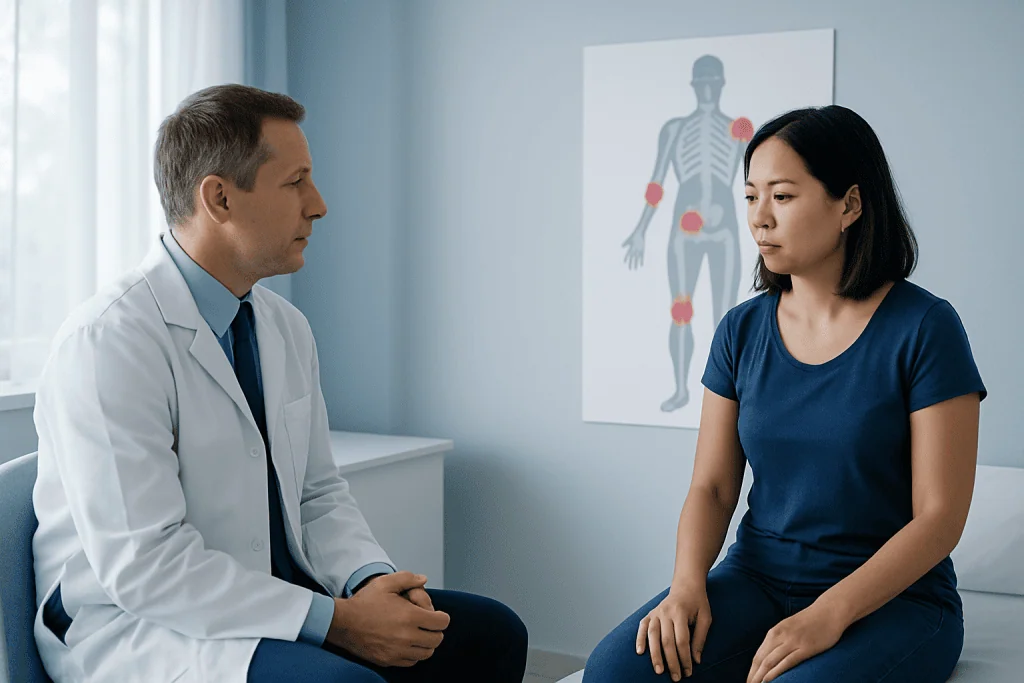 Doctor consulting with patient about heterotopic ossification treatment options.