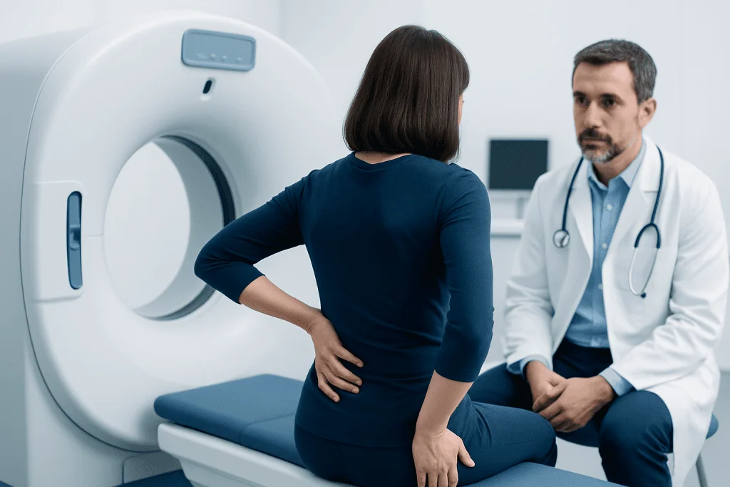 Woman undergoing a medical scan in a hospital setting.