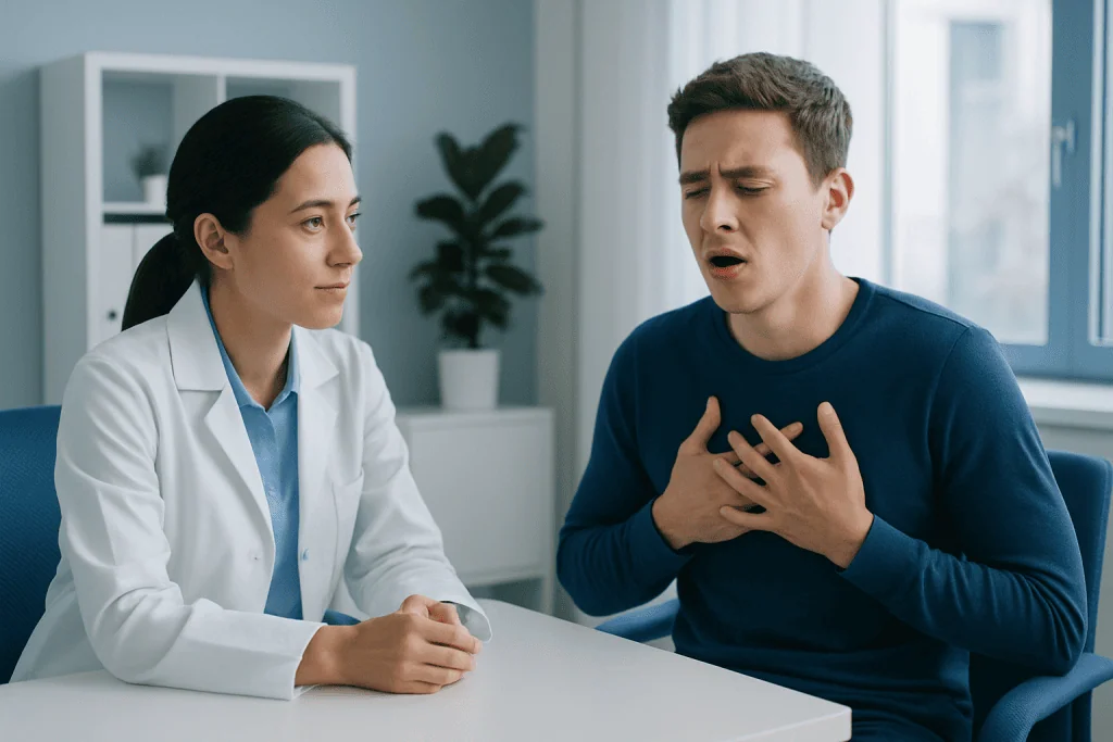 Young man experiencing chest discomfort during medical consultation at hospital.