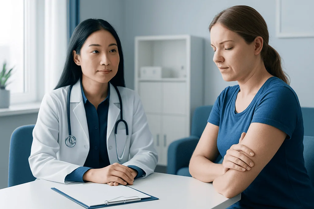 Doctor consulting with patient about health concerns in a medical office.