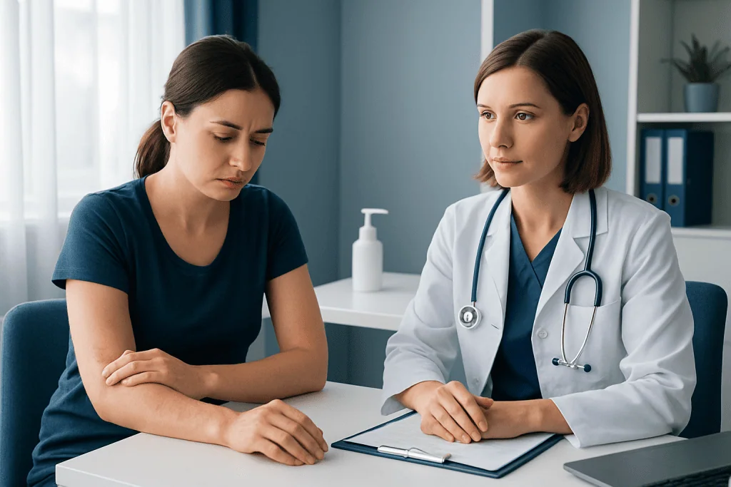 Doctor consulting with a patient about allergic reactions in a medical office.