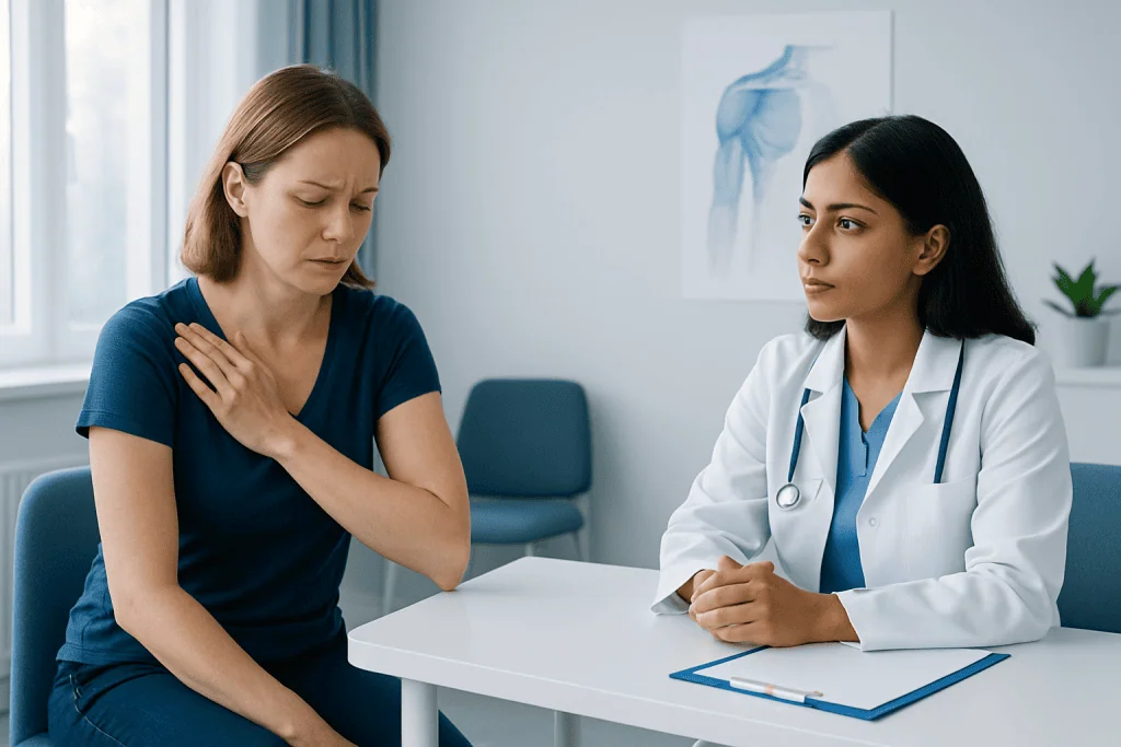 Patient experiencing shoulder pain during consultation at Acibadem Hospital.