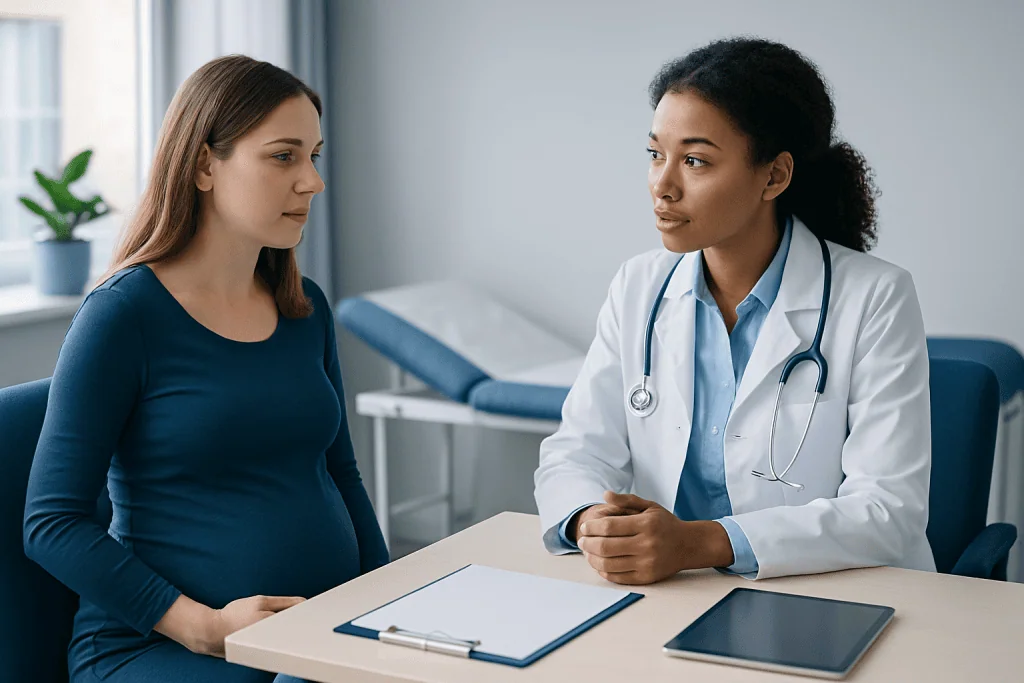 Doctor consulting pregnant woman in a medical office.