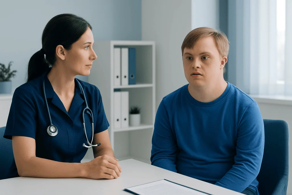Doctor consulting with a young patient in a medical office.