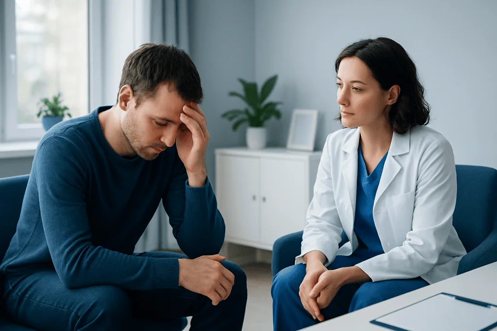 Patient experiencing emotional distress during therapy session at Acibadem Hospital.