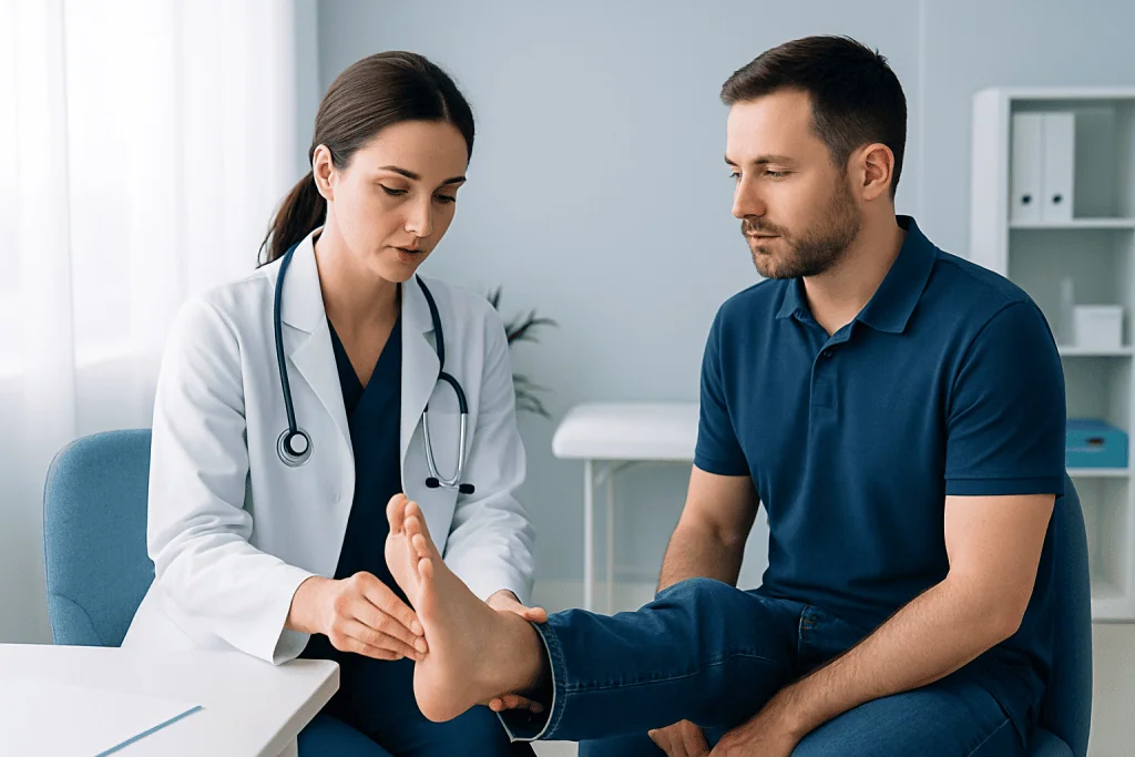 Doctor examining patient's foot in a clinical setting.