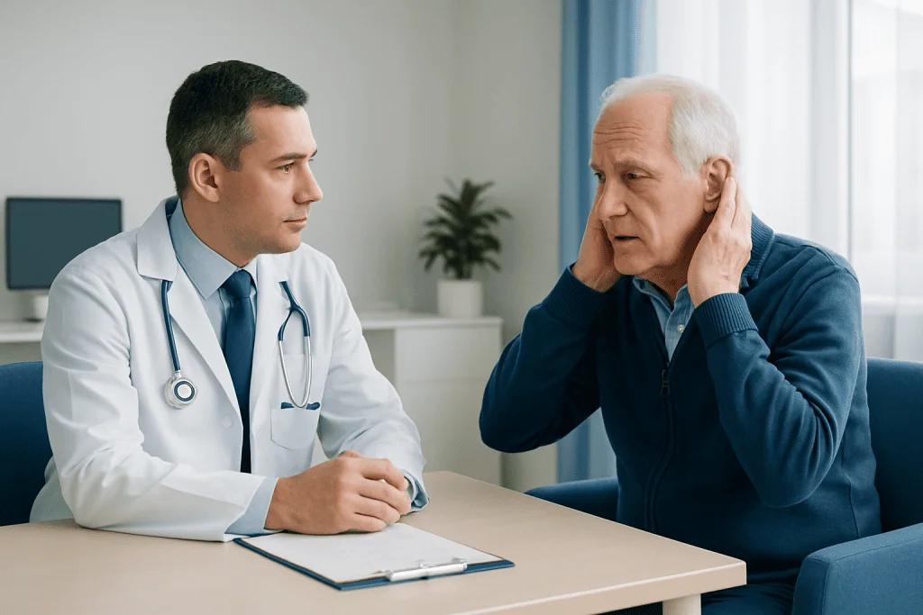 Doctor consulting with elderly patient about hearing issues in clinic.