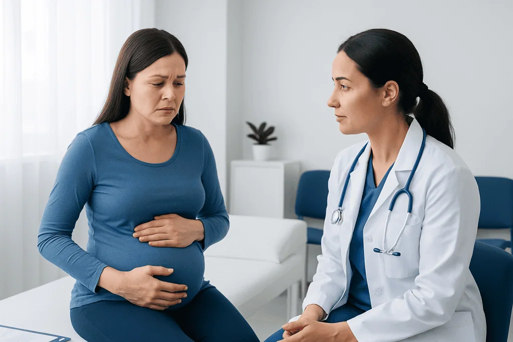 Pregnant woman consulting with doctor about constipation during pregnancy.