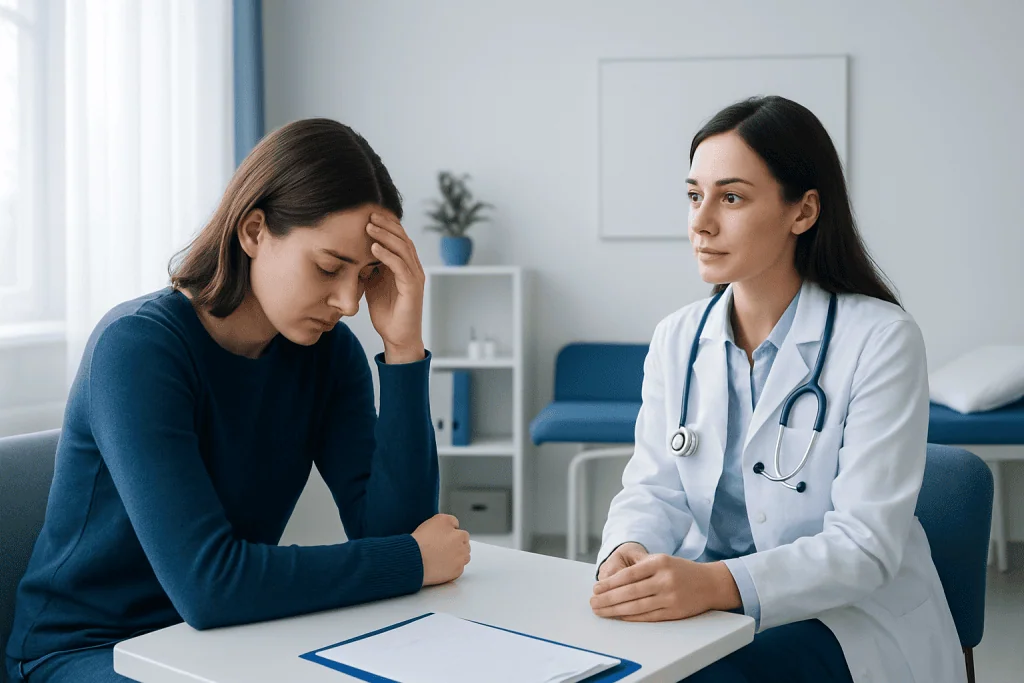 Patient distressed during consultation with doctor in medical office.