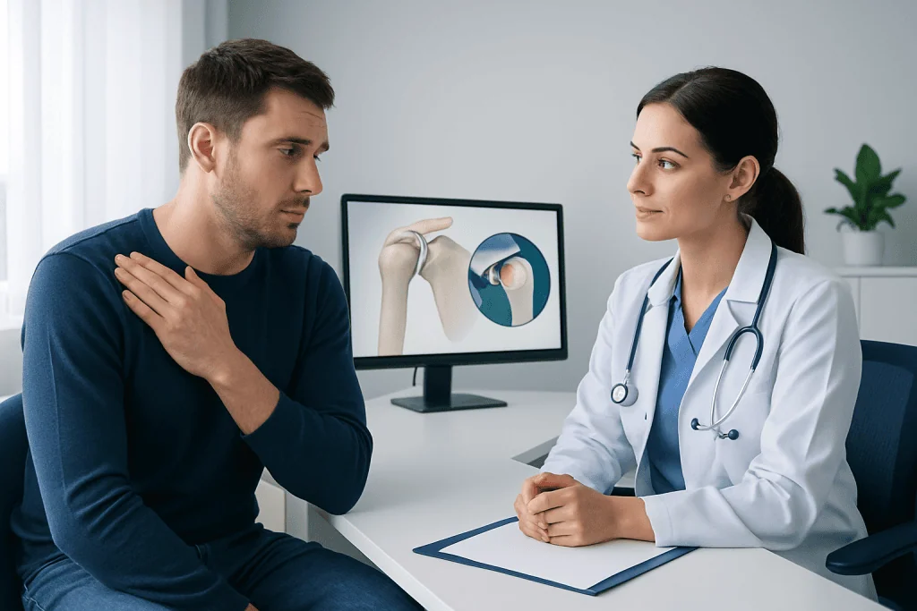 Doctor explaining shoulder injury to patient in consultation room.