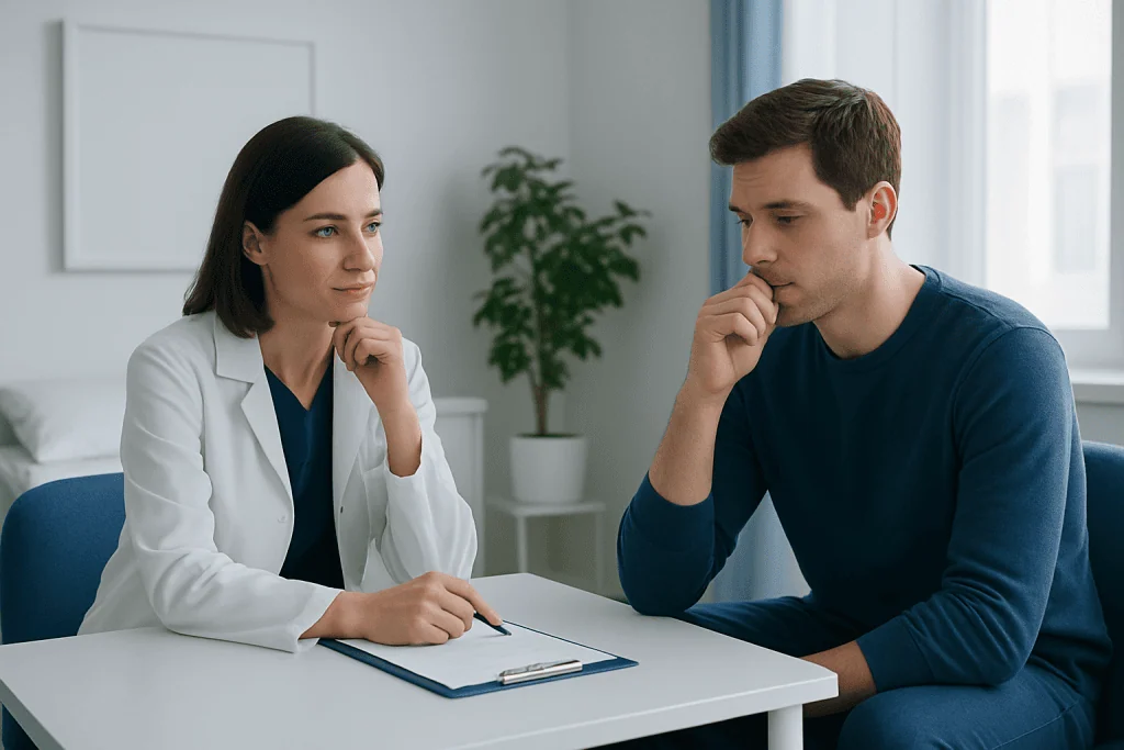 Doctor consulting with a patient in a medical office setting.