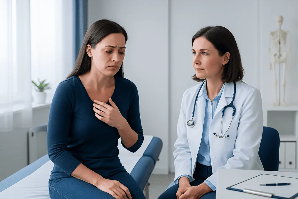 Doctor consulting with a patient experiencing chest discomfort in a medical office.