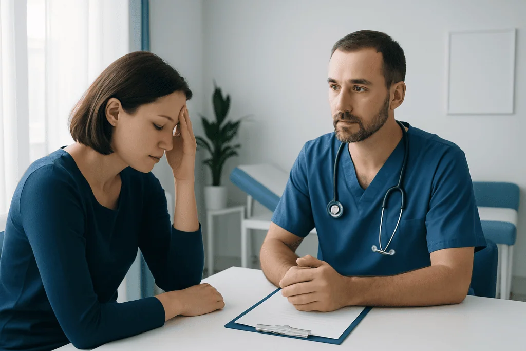Doctor consulting a patient about motion sickness symptoms in a clinic setting.