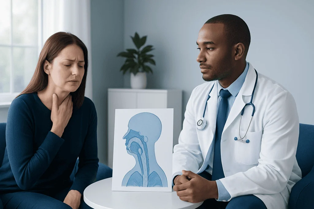 Doctor explaining vocal cord issues to a patient with a diagram of the throat.