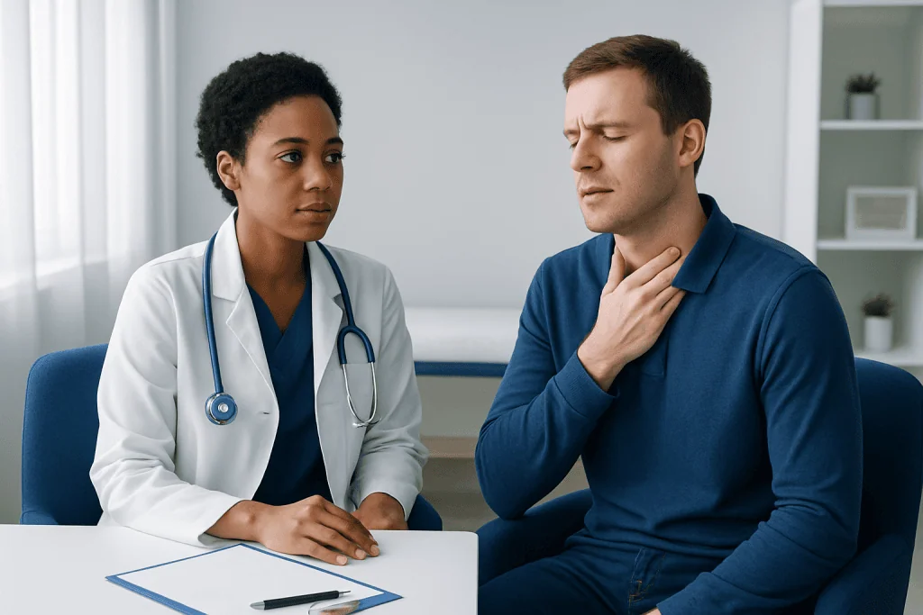 Doctor consulting a patient about gag reflex in a clinical setting.