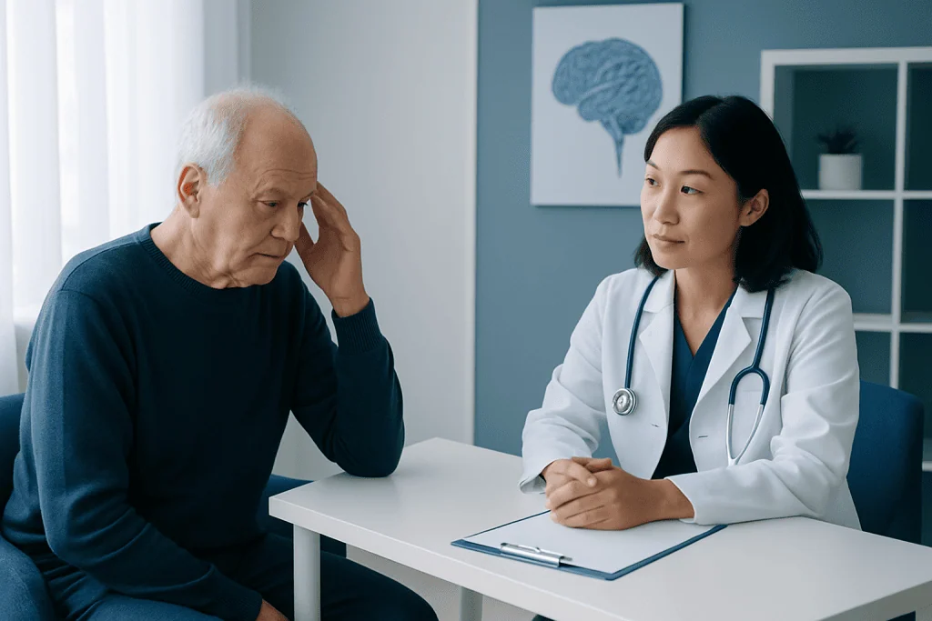 Doctor consulting with elderly patient about neurological health.
