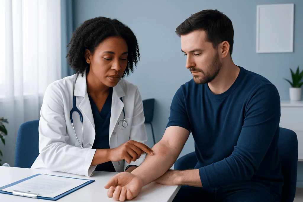 Doctor examining patient's arm for skin condition in a clinical setting.