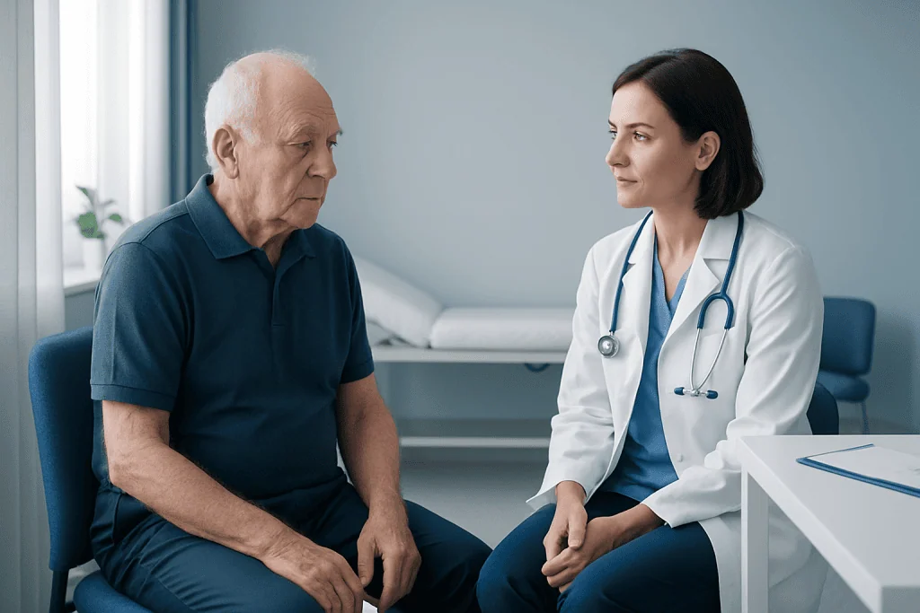Doctor consulting with elderly patient in a medical office.
