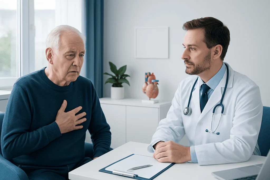 Cardiologist consulting elderly patient about heart health in clinic.