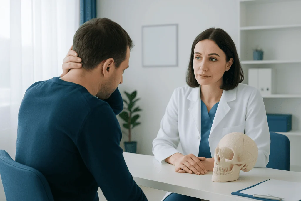 Medical consultation with a doctor and patient discussing skull anatomy.