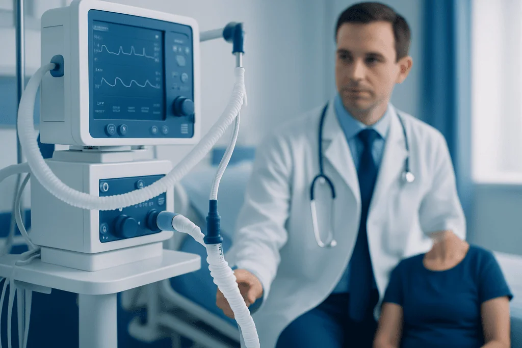 Doctor monitoring patient with medical ventilator in hospital.