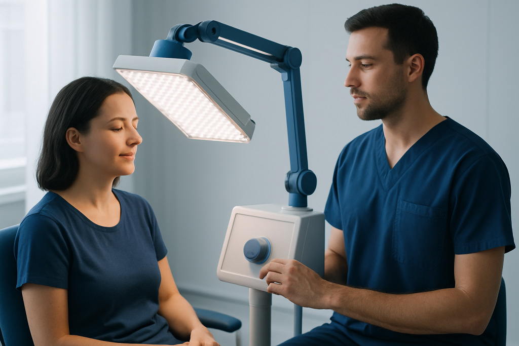 Medical professional performing light therapy on patient in clinical setting.