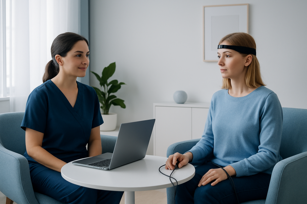 Patient undergoing biofeedback therapy with a healthcare professional in a clinical setting.
