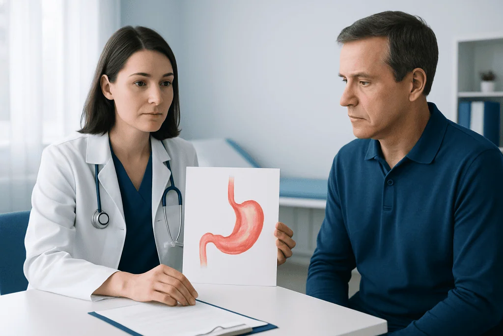 Doctor explaining esophageal anatomy to patient with stomach diagram.