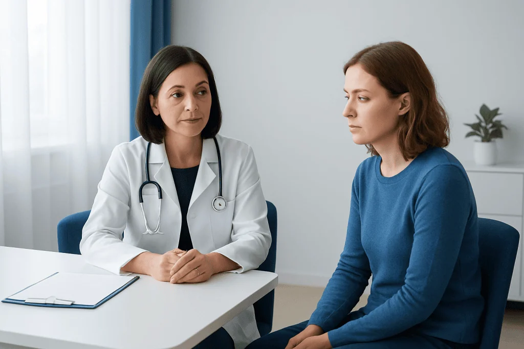 Doctor consulting with a patient in a modern medical office.
