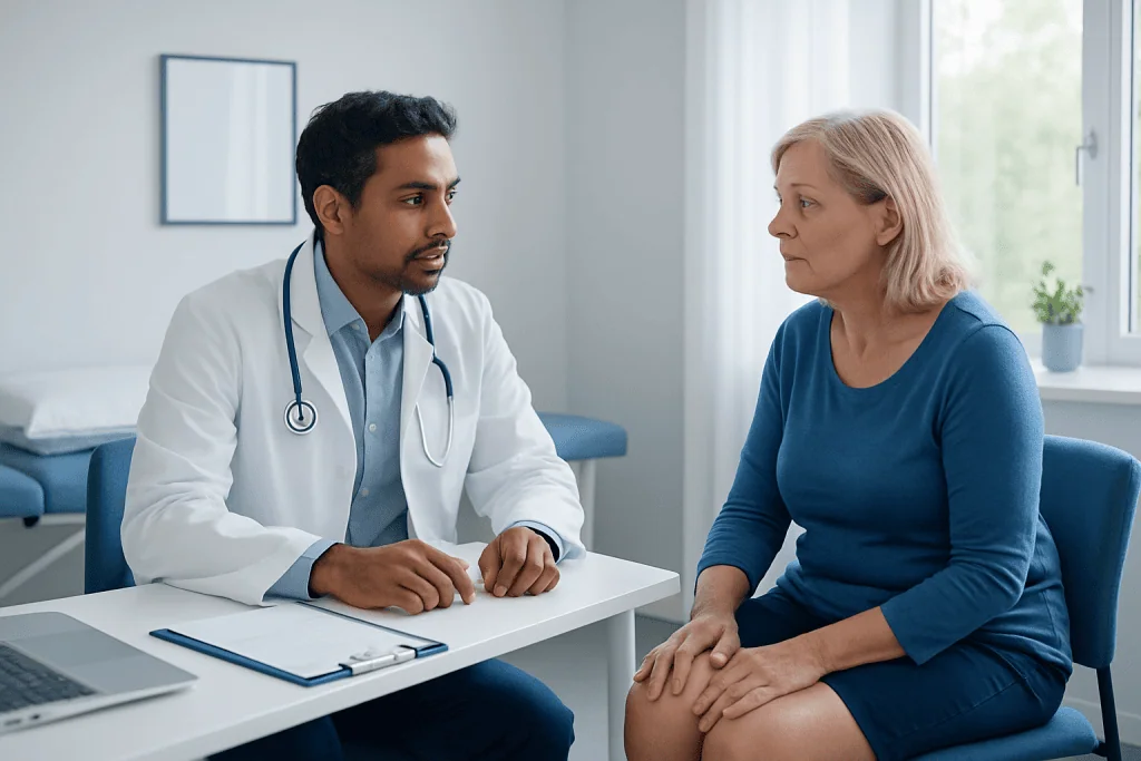 Doctor consulting with an elderly female patient in a medical office.