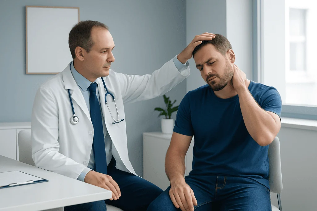 Doctor examining a patient's neck for Spurling Test symptoms.