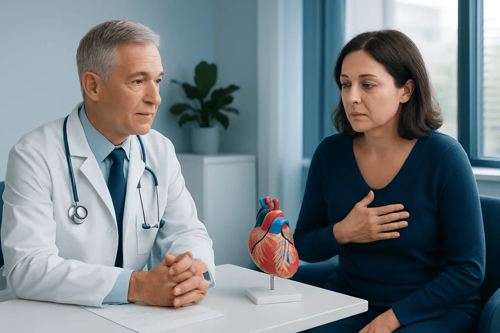 Doctor explaining heart health to a patient with a heart model present.