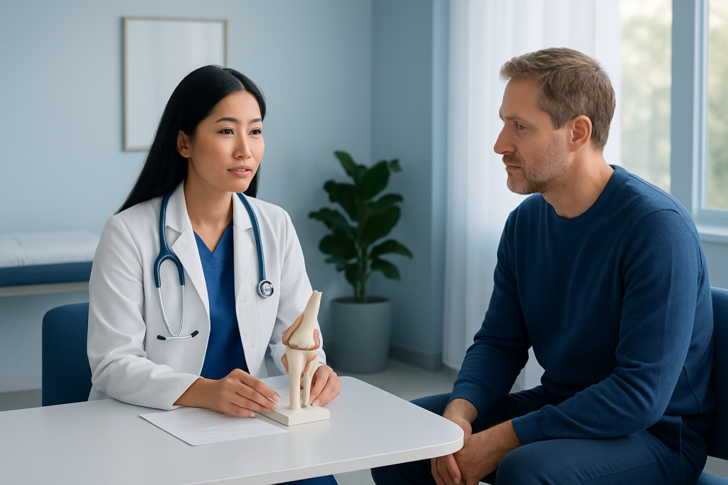 Doctor explaining joint anatomy to patient in a consultation room.