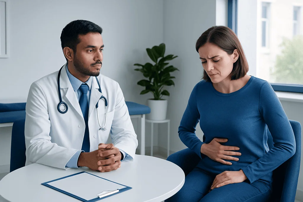 Doctor consulting with a woman patient about stomach pain.