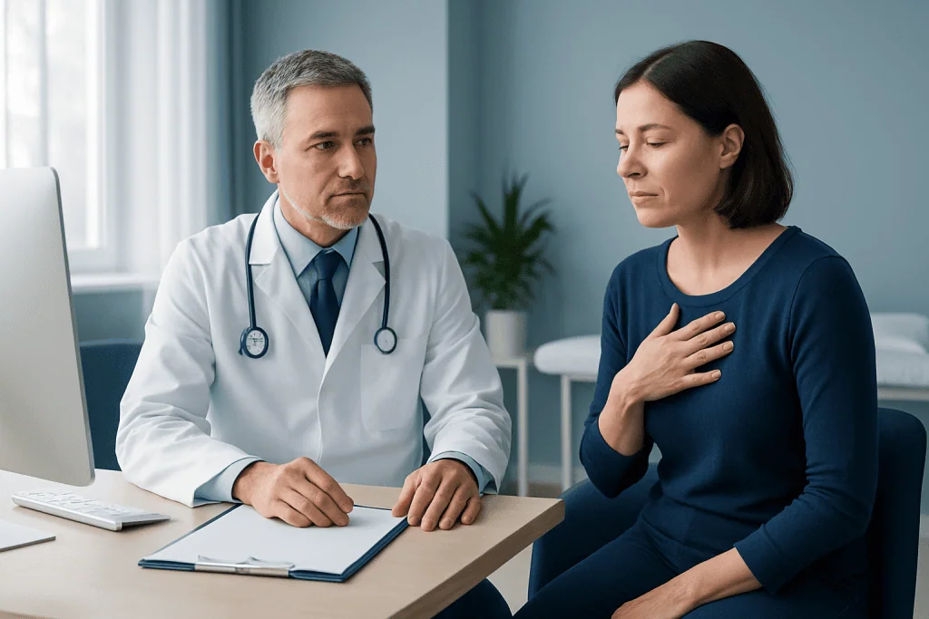 Doctor consulting with a female patient in a medical office setting.