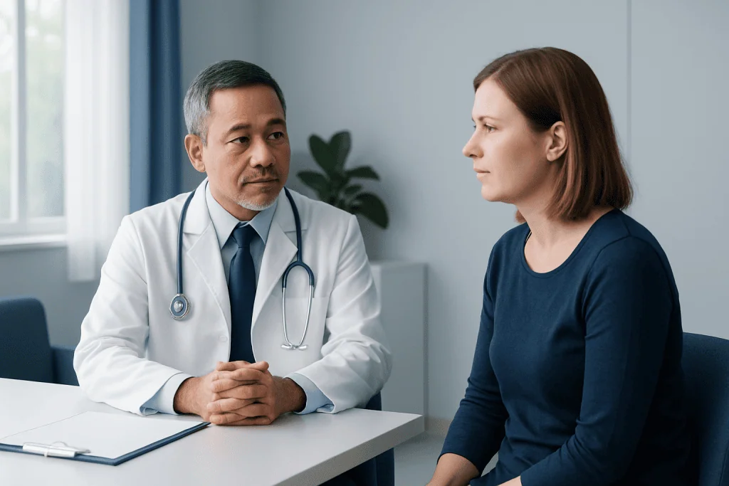 Doctor consulting female patient in a medical office.