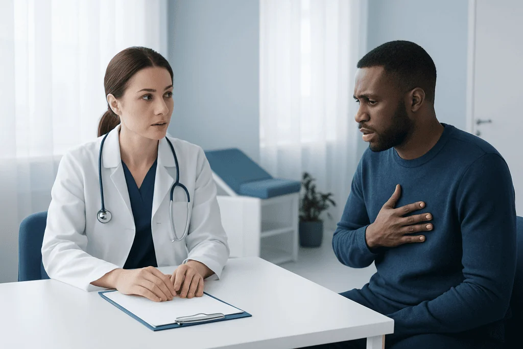 Doctor consulting with patient about respiratory symptoms in a clinic setting.